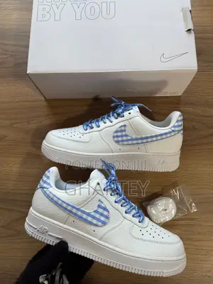 Airforce 1 All White With Blue and White Check Design