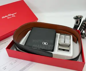 Salvatore Ferragamo Leather Wallet Belt Combo || Black
