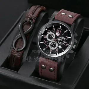 Men's Watch and Bracelet Set, Casual Brown Leather Strap