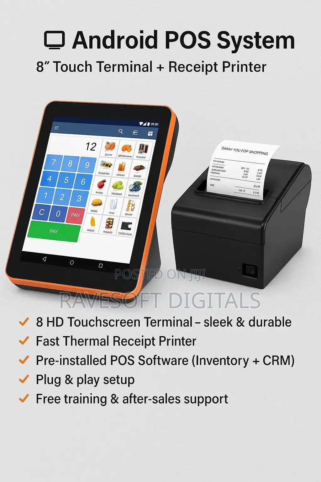 Android Pos System – 8′′ Touch Terminal + Printer + Software