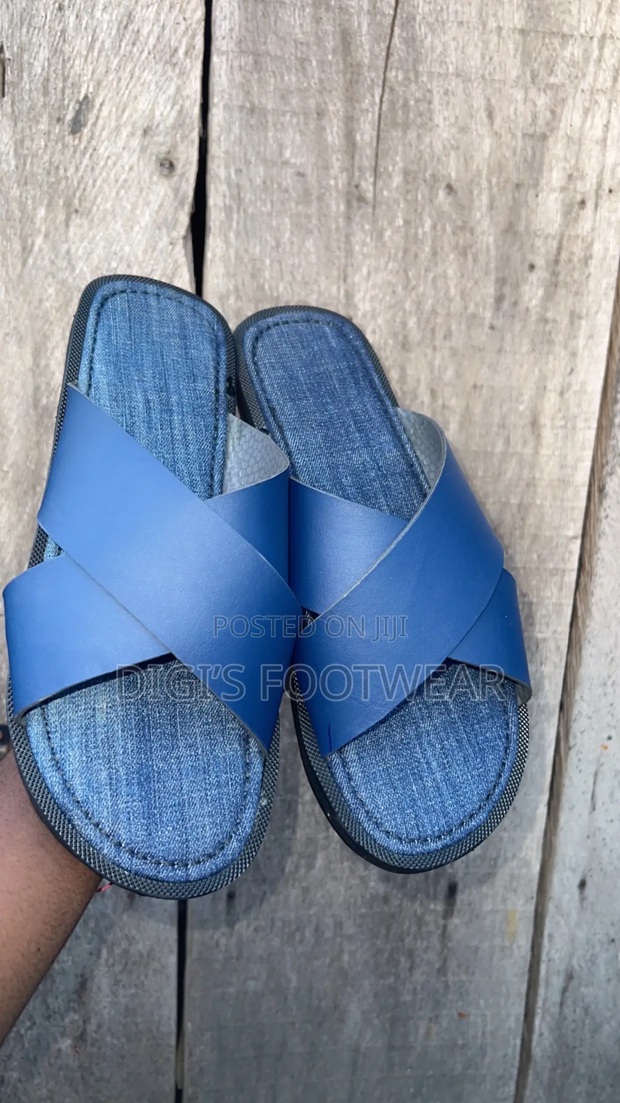 Blue Crossed Leather Slippers With Jeans Inner