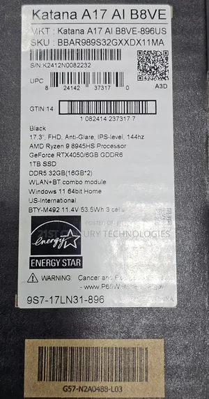 New Laptop MSI Katana 17 32GB AMD Ryzen 9 SSD 1T