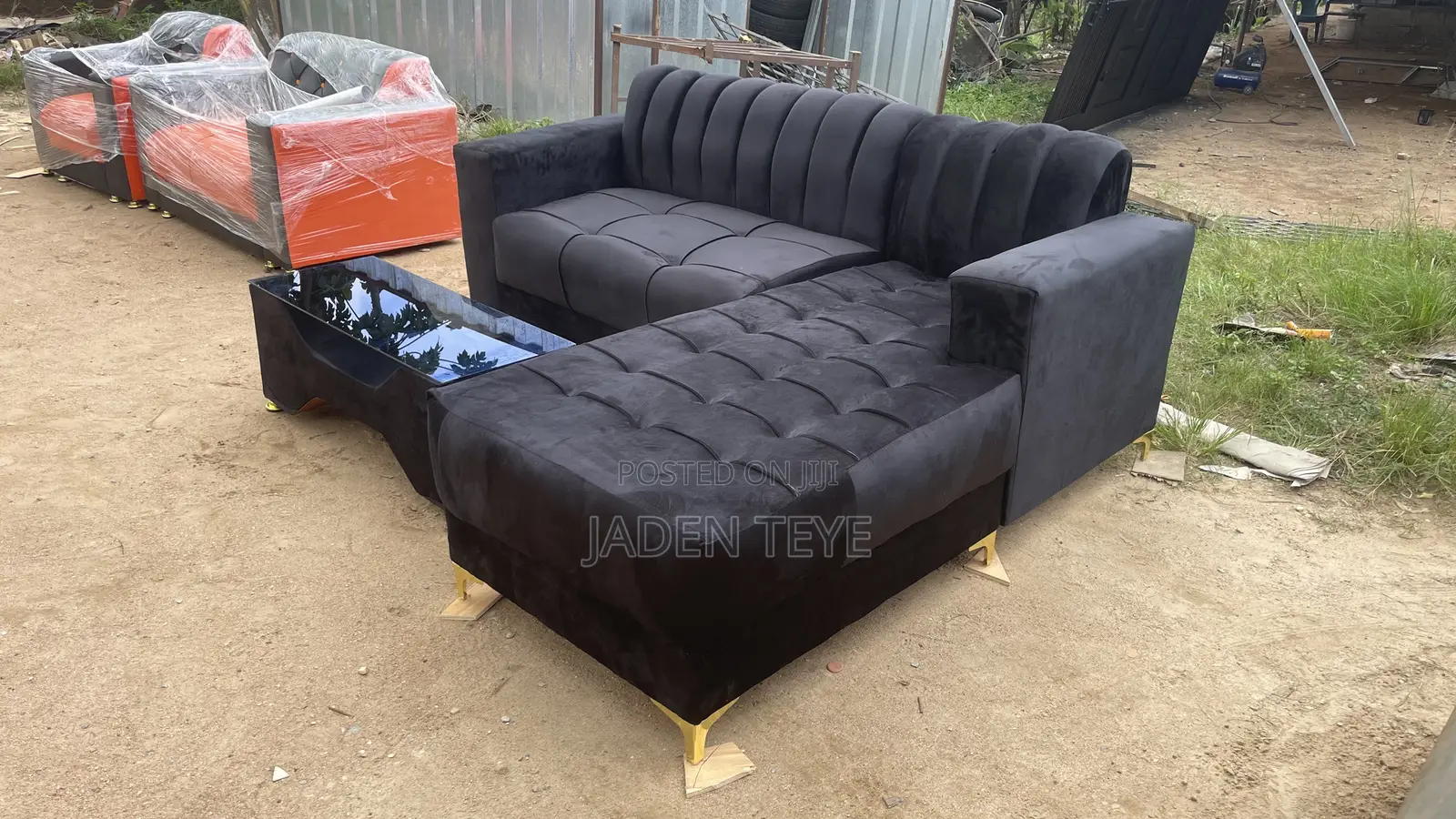 Black Fabric L Sharp With Center Table (Free Delivery)
