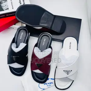 Prada Men’S Leather Open Toe Cross Slippers