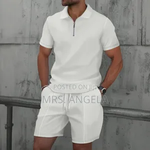White Casual Zip Polo Shorts Set