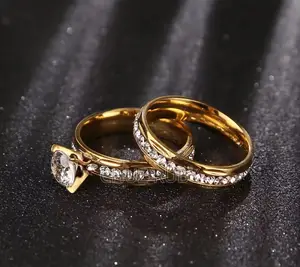 Sleek Two Piece Gold Ring Set For Ladies Engagement Wedding