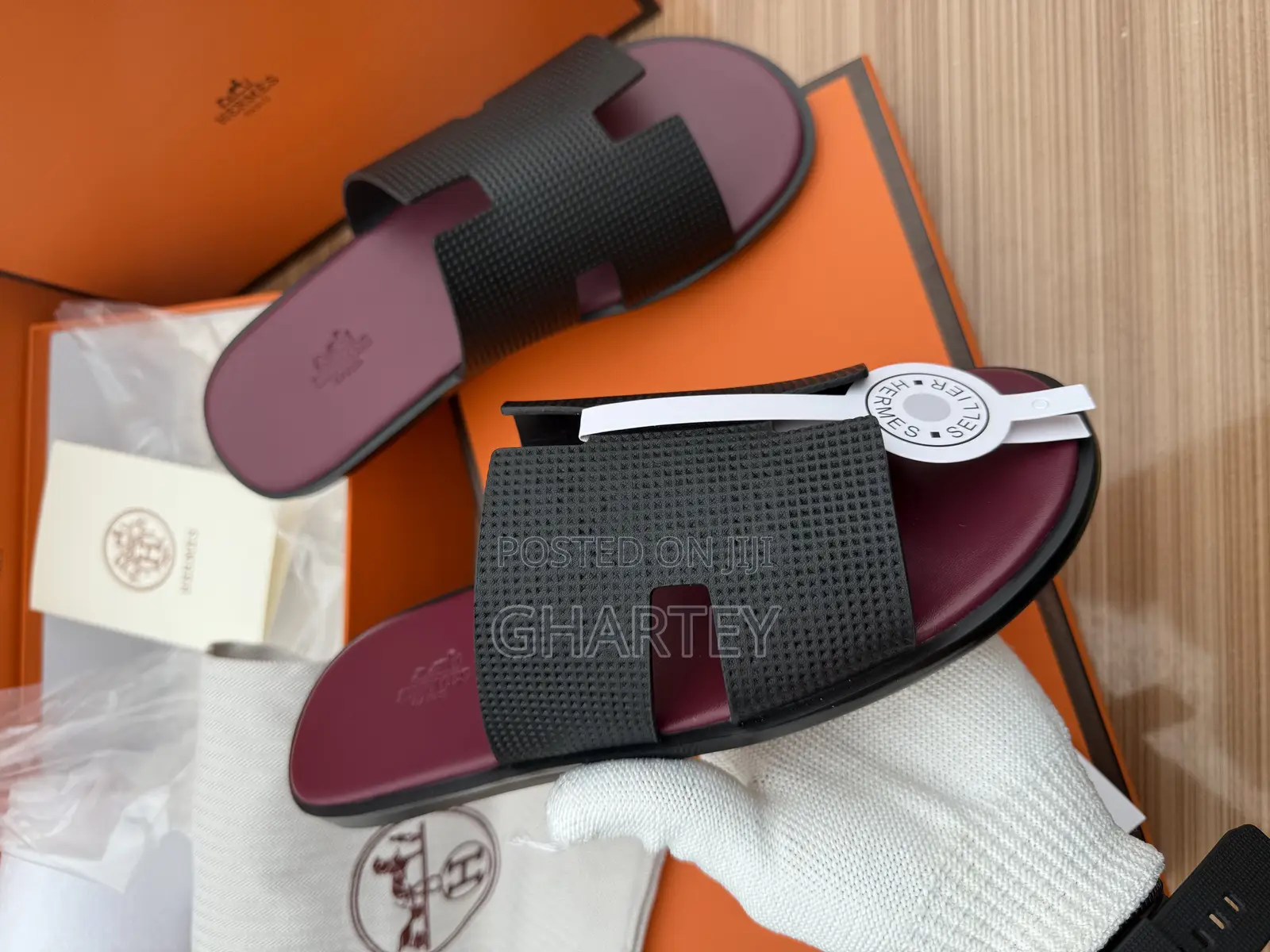 Casual Leather Quality Hermes Slippers for Men -Wine Black