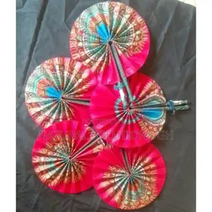 African Print Fan With Leather Handles Handmade in Ghana