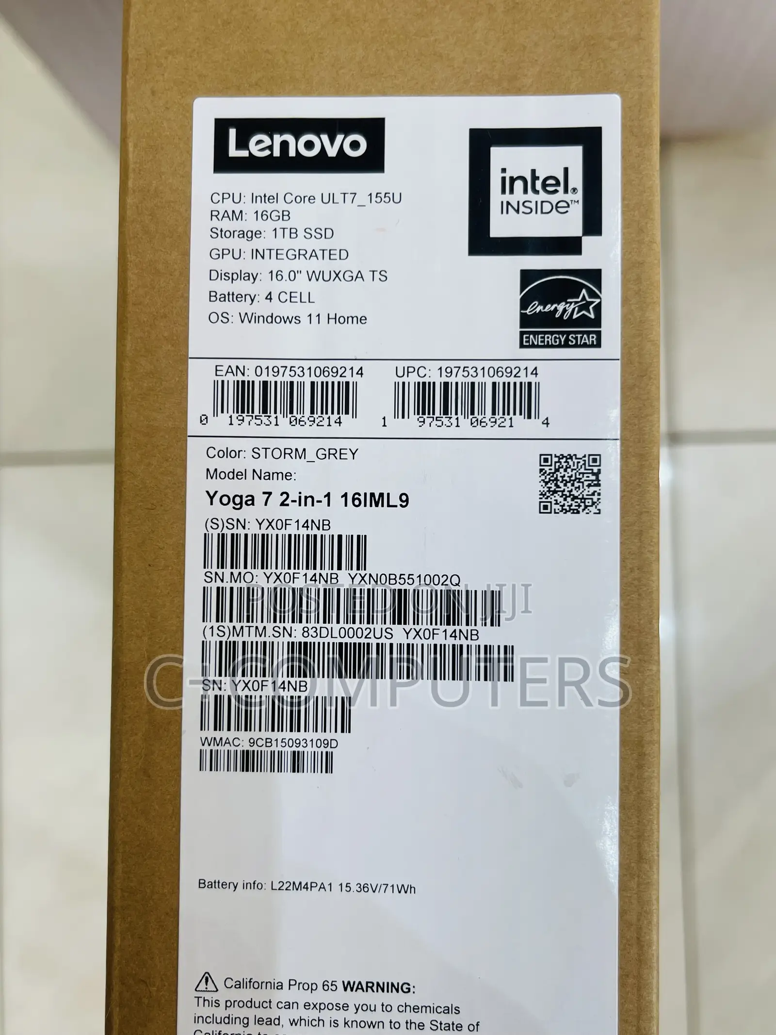New Laptop Lenovo Yoga 7i 16GB Intel Core Ultra 7 SSD 1T