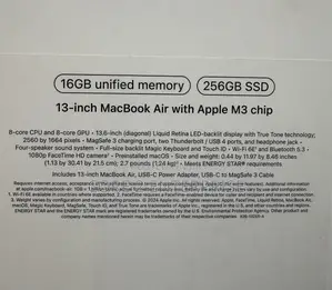 New Laptop Apple MacBook Air 16GB Apple M3 SSD 256GB