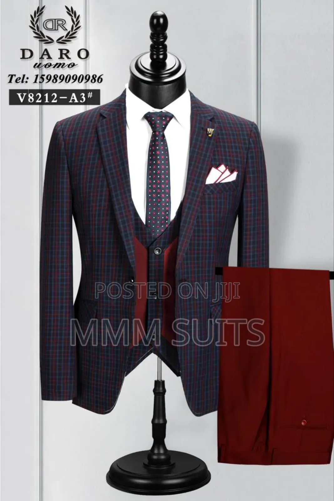 Quality 3-piece Men Checked Suit In Burgundy Colour