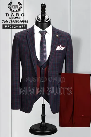 Quality 3-piece Men Checked Suit In Burgundy Colour