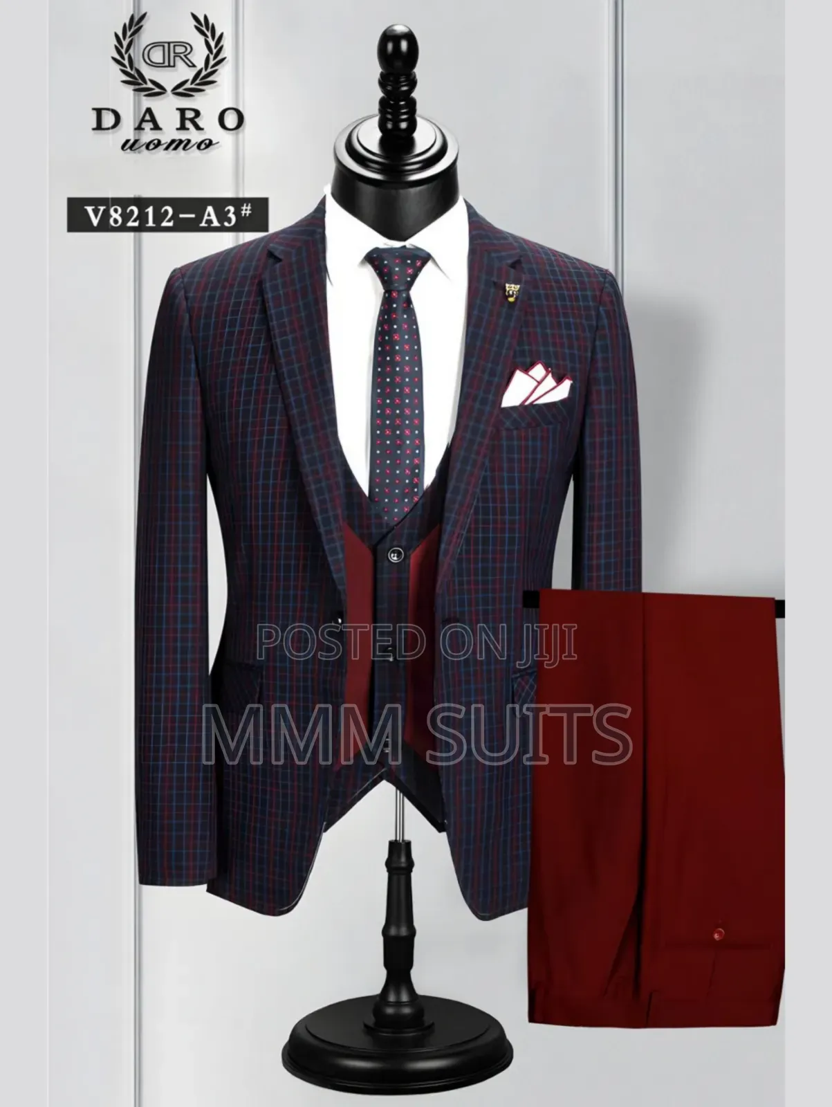 Quality 3-piece Men Checked Suit In Burgundy Colour