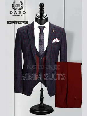 Quality 3-piece Men Checked Suit In Burgundy Colour