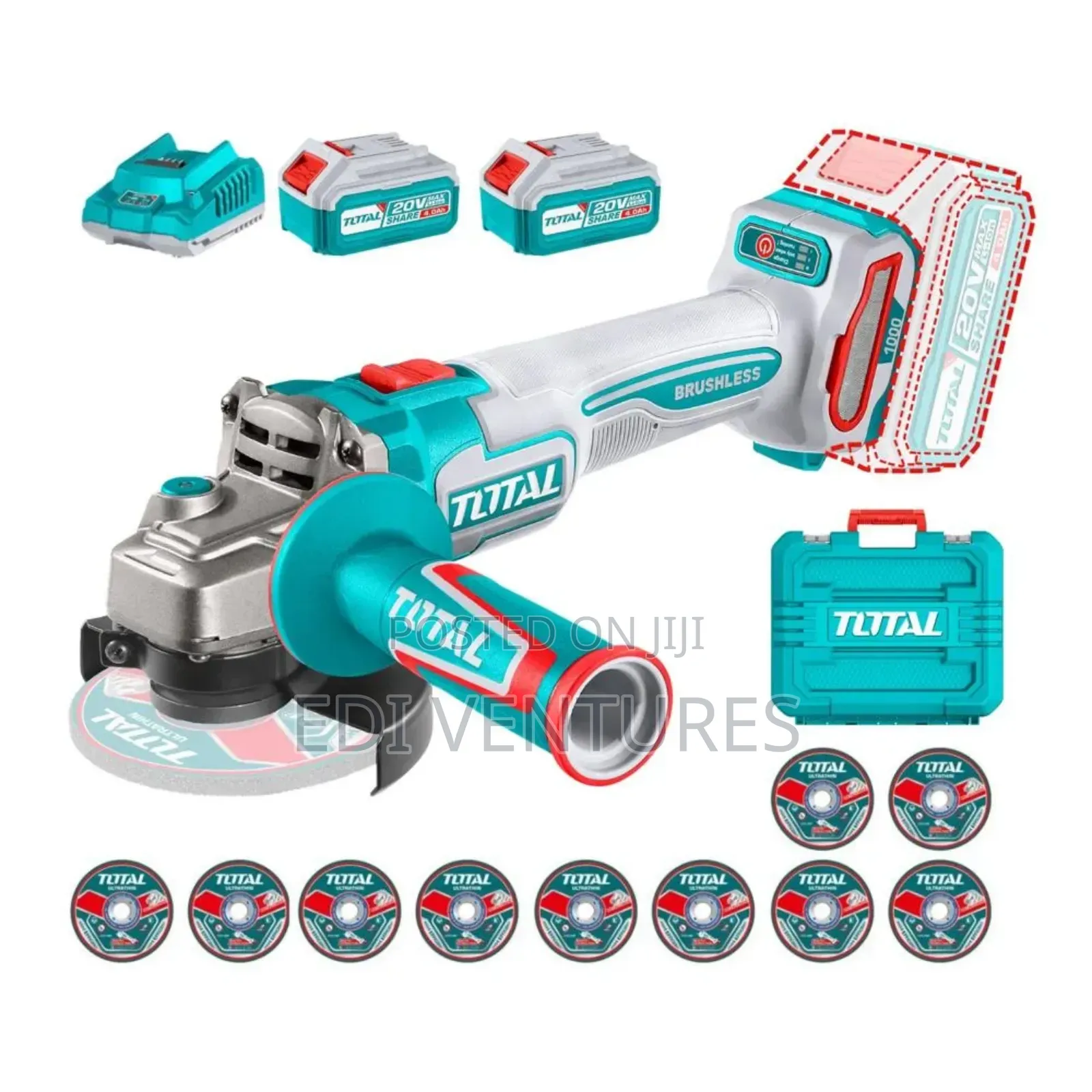 Total Cordless Angle Grinder (2 Batteries, 10 Discs