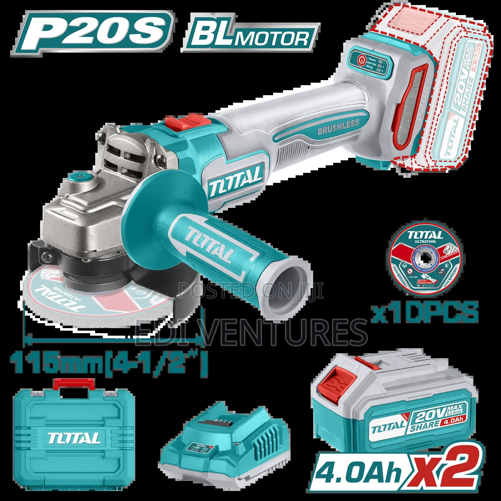 Total Cordless Angle Grinder (2 Batteries, 10 Discs
