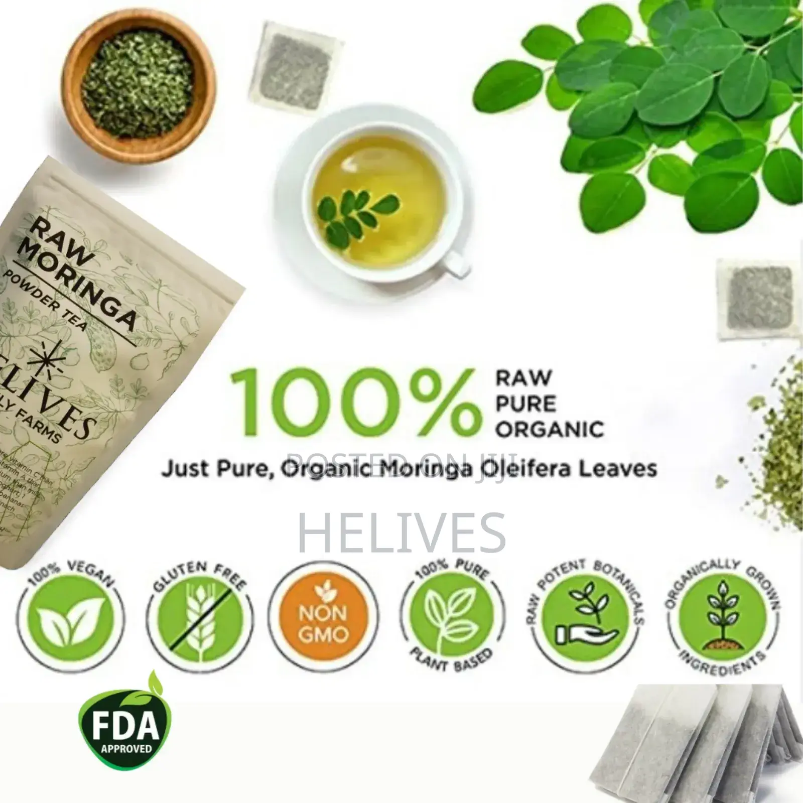 Raw Moringa Tea | Pure Organic | 30 Tea Bags | Fda Certified | Helives