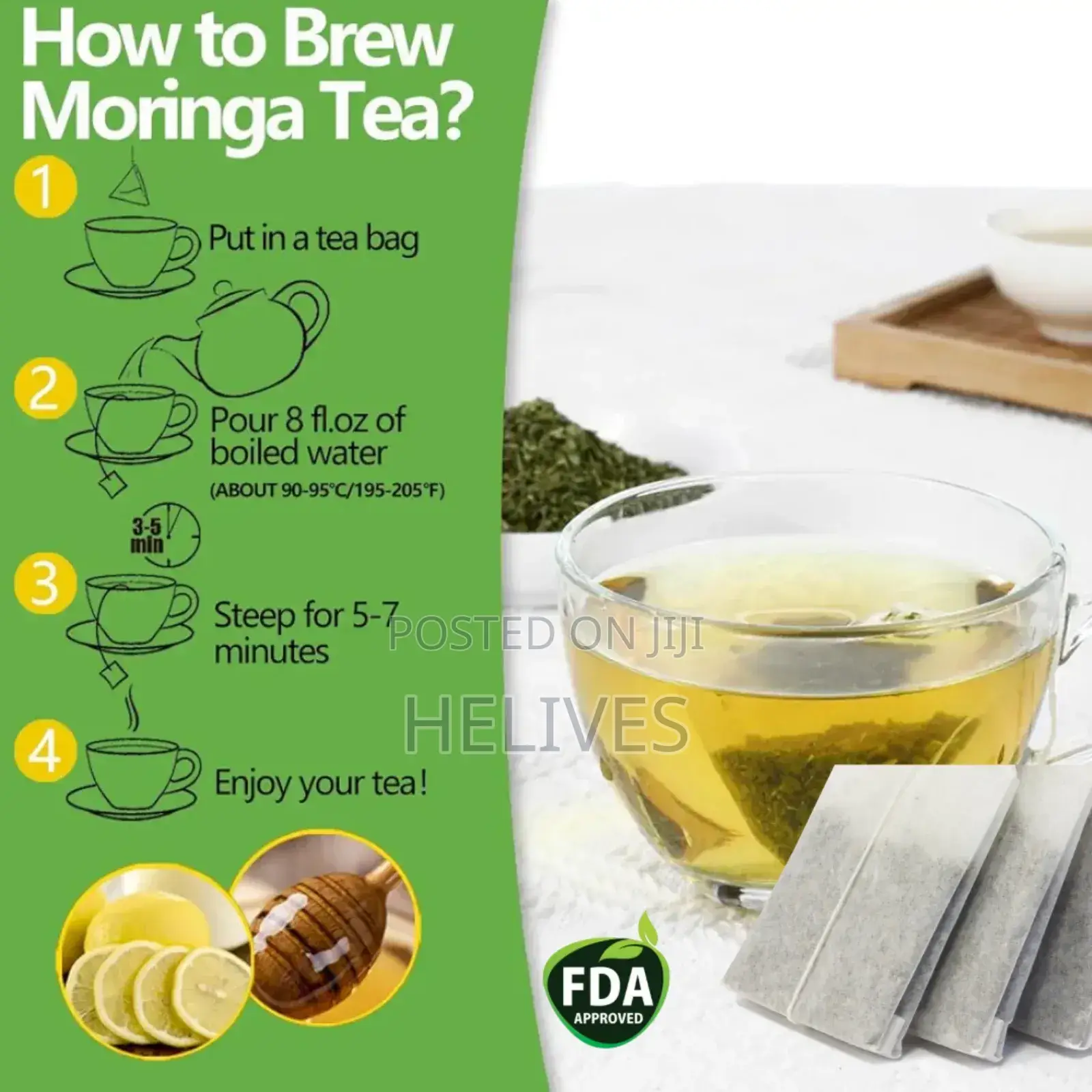 Raw Moringa Tea | Pure Organic | 30 Tea Bags | Fda Certified | Helives