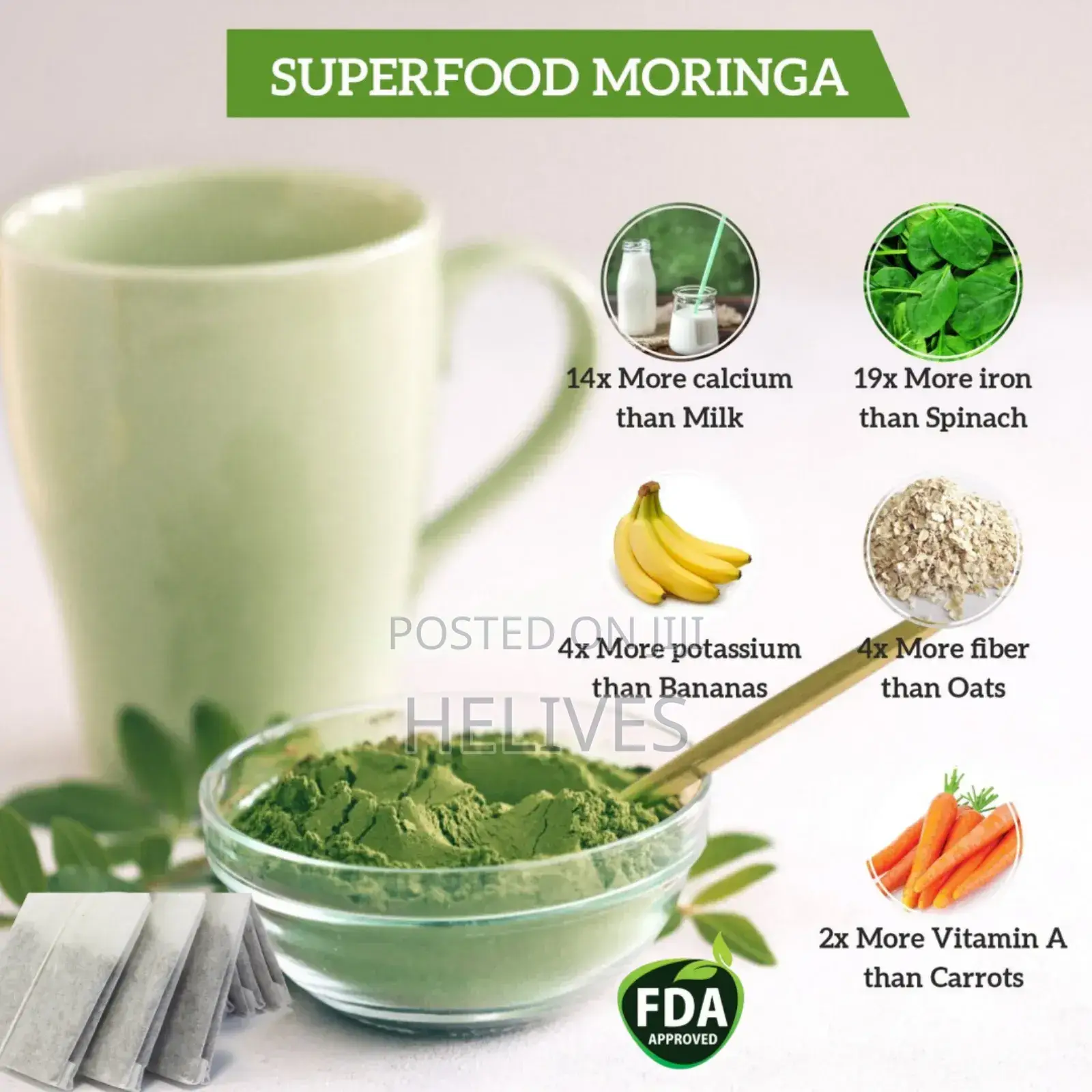 Raw Moringa Tea | Pure Organic | 30 Tea Bags | Fda Certified | Helives