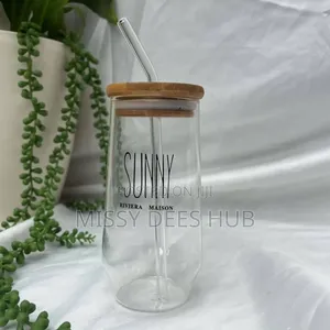 Sunny Glass Bottle /Cup With Bamboo Lid and Glass Straw