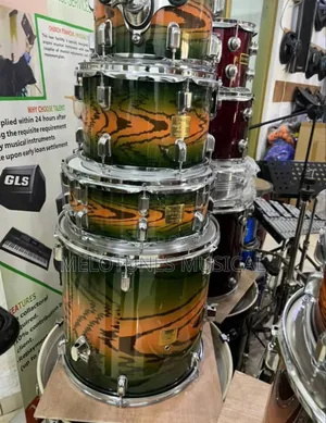 Tama Drumset With a Distinctive Green and Orange Tiger-Stripe Finish.