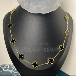 Flower Pendant Necklace – Gold Chain With Black Enamel Charms