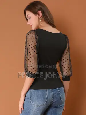 Retro Square Neck Tops Slim Fit Semi Sheer 3/4 Mesh Sleeve Top