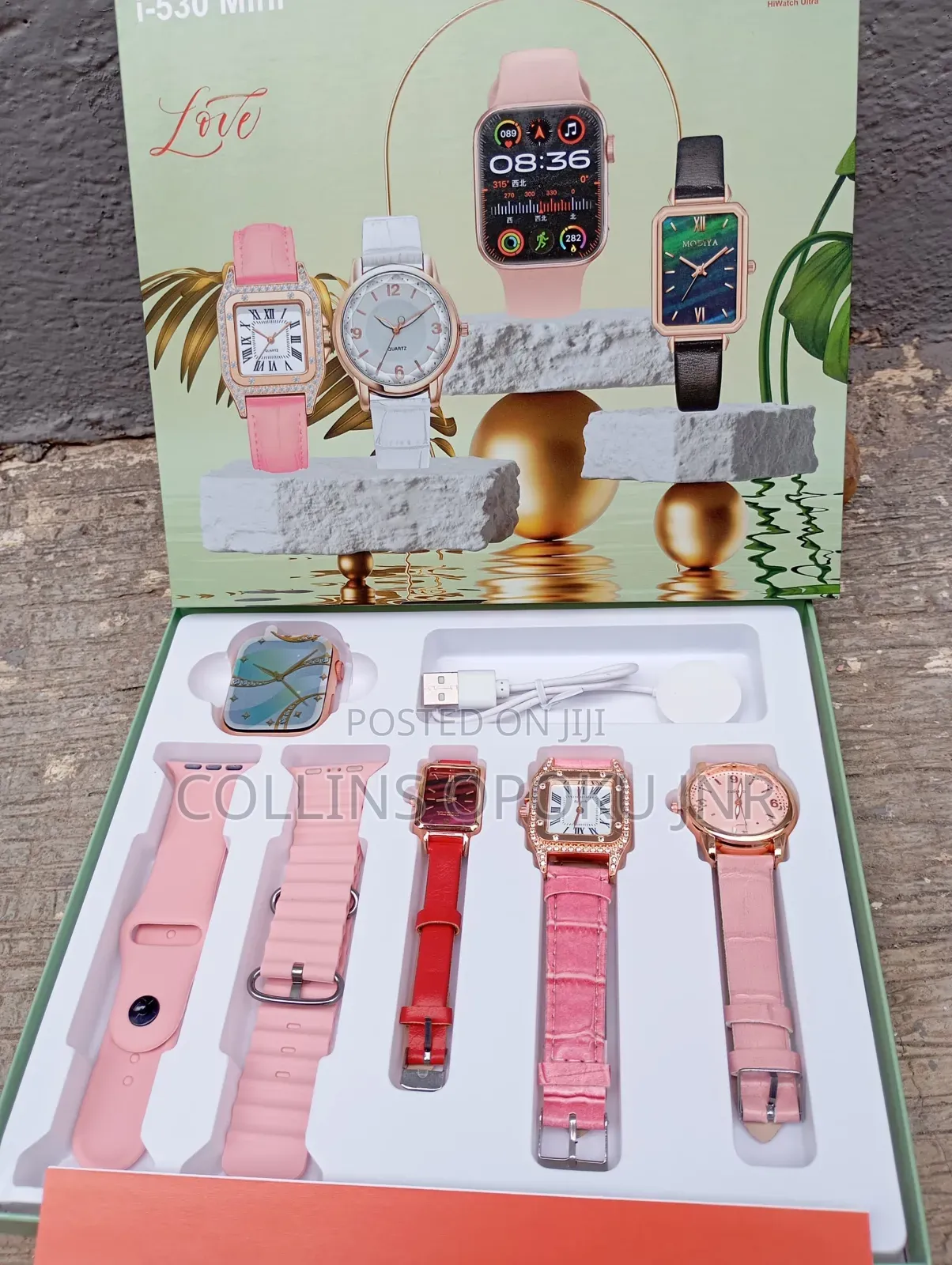I-530 Mini 4-in-1 Smart Watch 2 Straps With 3 Quartz Watches - Pink