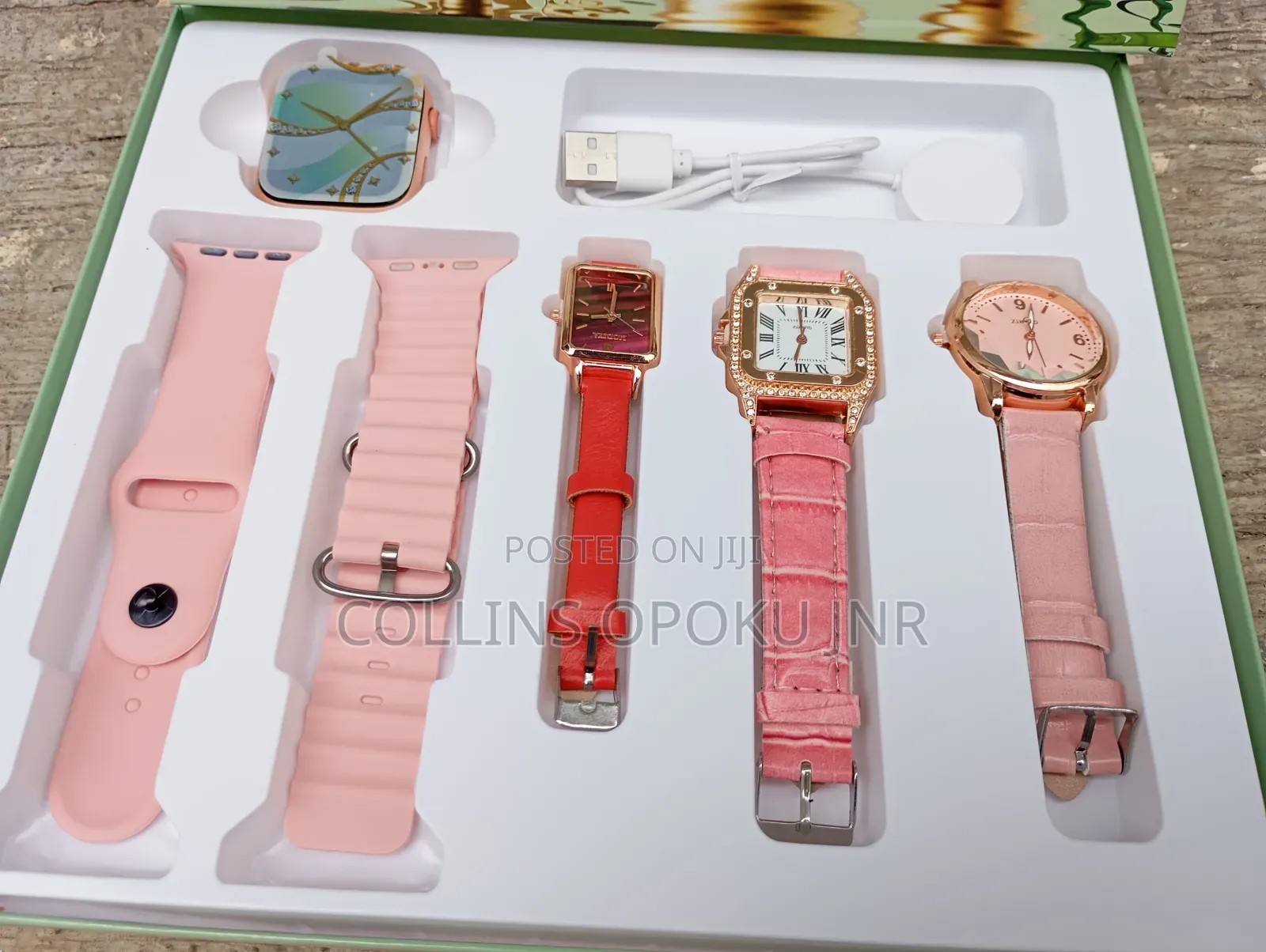 I-530 Mini 4-in-1 Smart Watch 2 Straps With 3 Quartz Watches - Pink