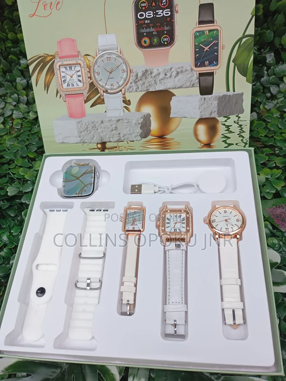 I-530 Mini 4-in-1 Smart Watch 2 Straps With 3 Quartz Watches - White