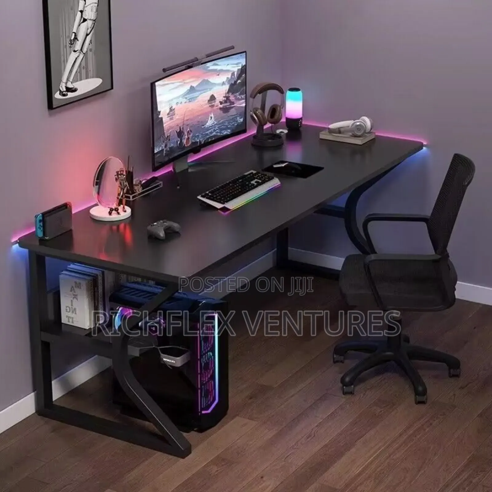 Gaming Study Office Desk With Beneath Bookshelf
