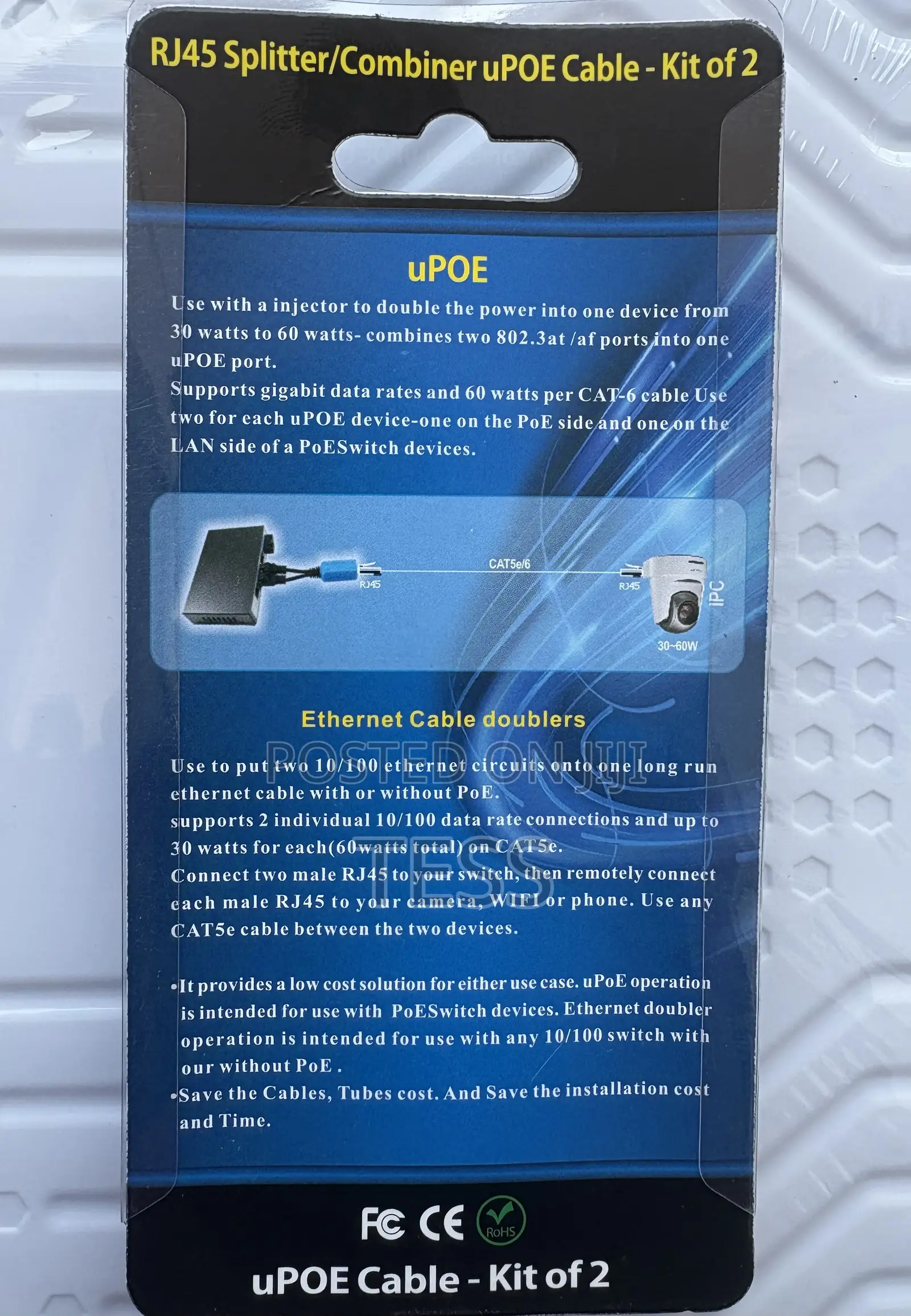 Rj45 Splitter Combiner Upoe Cable, Two Poe Camera