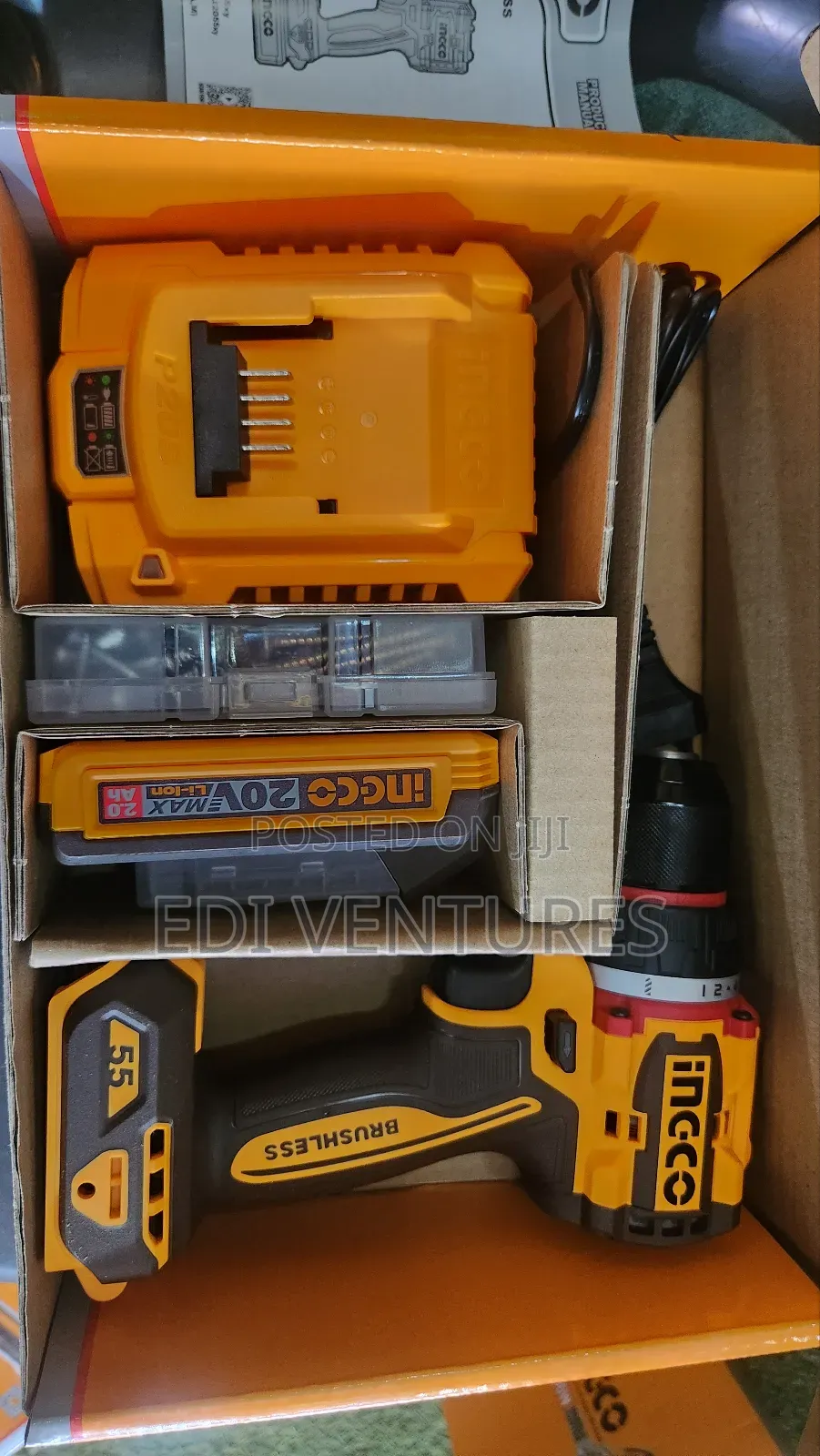 Ingco Cordless Brushless Compact Drill - Battery Charger 55nm 20v