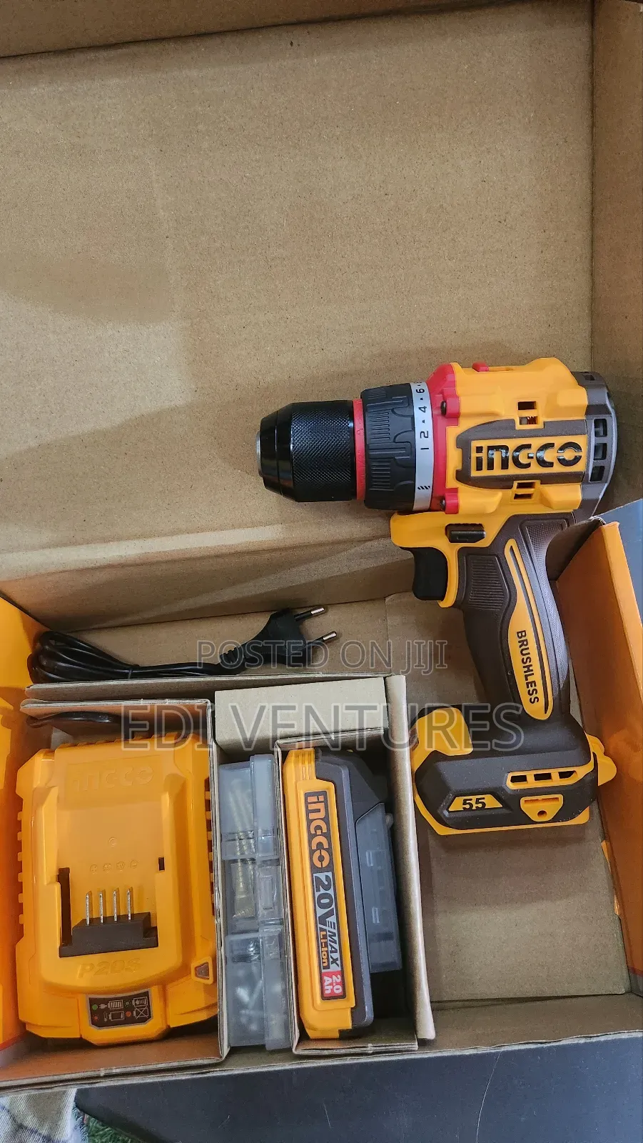Ingco Cordless Brushless Compact Drill - Battery Charger 55nm 20v