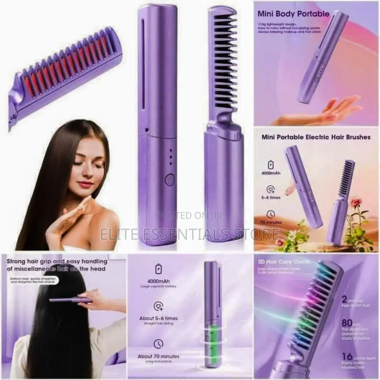 Cordless Portable Rechargeable Hot Comb Hair Straightener Brush