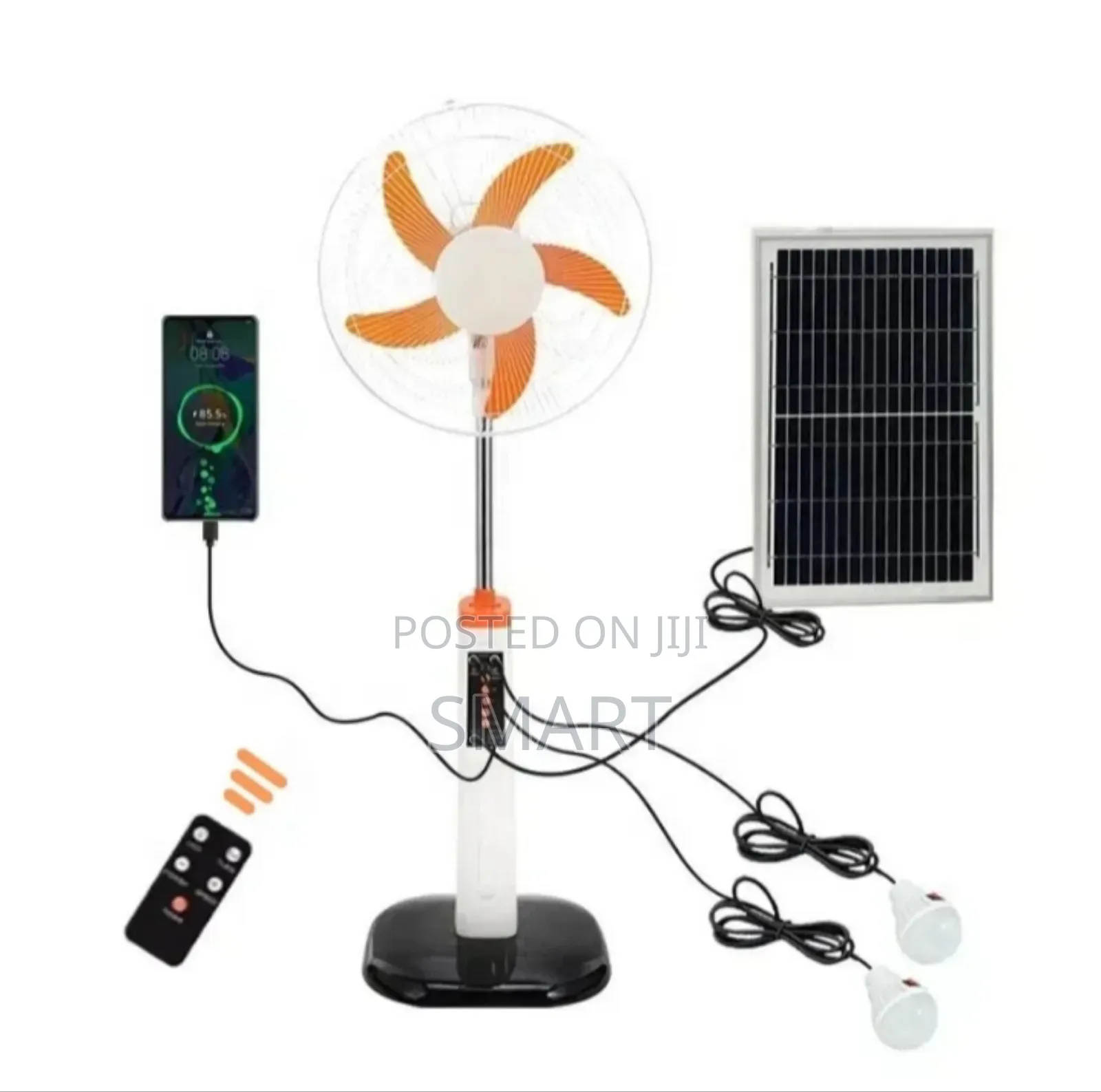 A Solar Powered Fan With Led Light, Bluetooth Speaker and Usb Port.