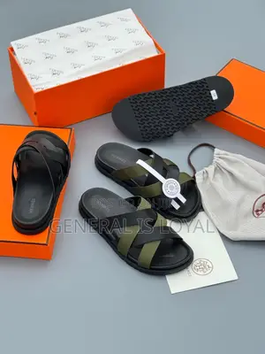 Hermes Blacks And Green Mens Slippers