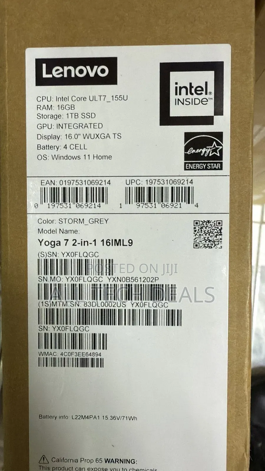 New Laptop Lenovo Yoga 7i 16GB Intel Core Ultra 7 SSD 1T