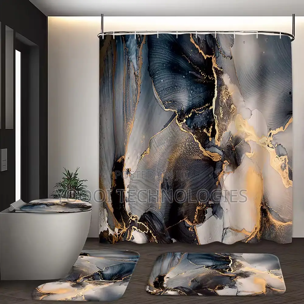4pcs Marble Patterned Bathroom Shower Curtain Set
