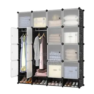 Modern Black With Transparent Doors Modular 16 Cubes Wardrobe Closet