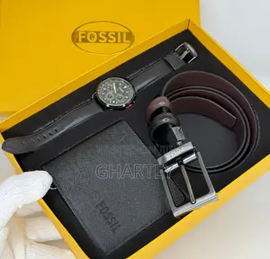 Fossil Men's Classic Black Gift Set – Watch, Wallet Belt