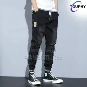 High Denim Elasticity Perforated Pants-Black