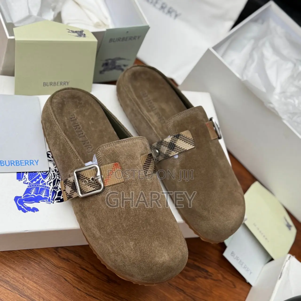 Authentic Burberry Suede Check Buckle Slip-on Sandals — Brown