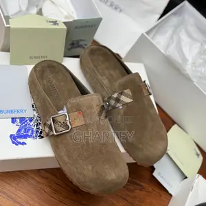 Authentic Burberry Suede Check Buckle Slip-on Sandals — Brown