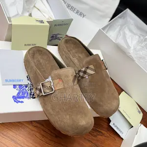 Authentic Burberry Suede Check Buckle Slip-on Sandals — Brown
