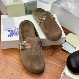 Authentic Burberry Suede Check Buckle Slip-on Sandals — Brown