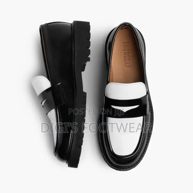 White and Black Leather High Platform Shoe