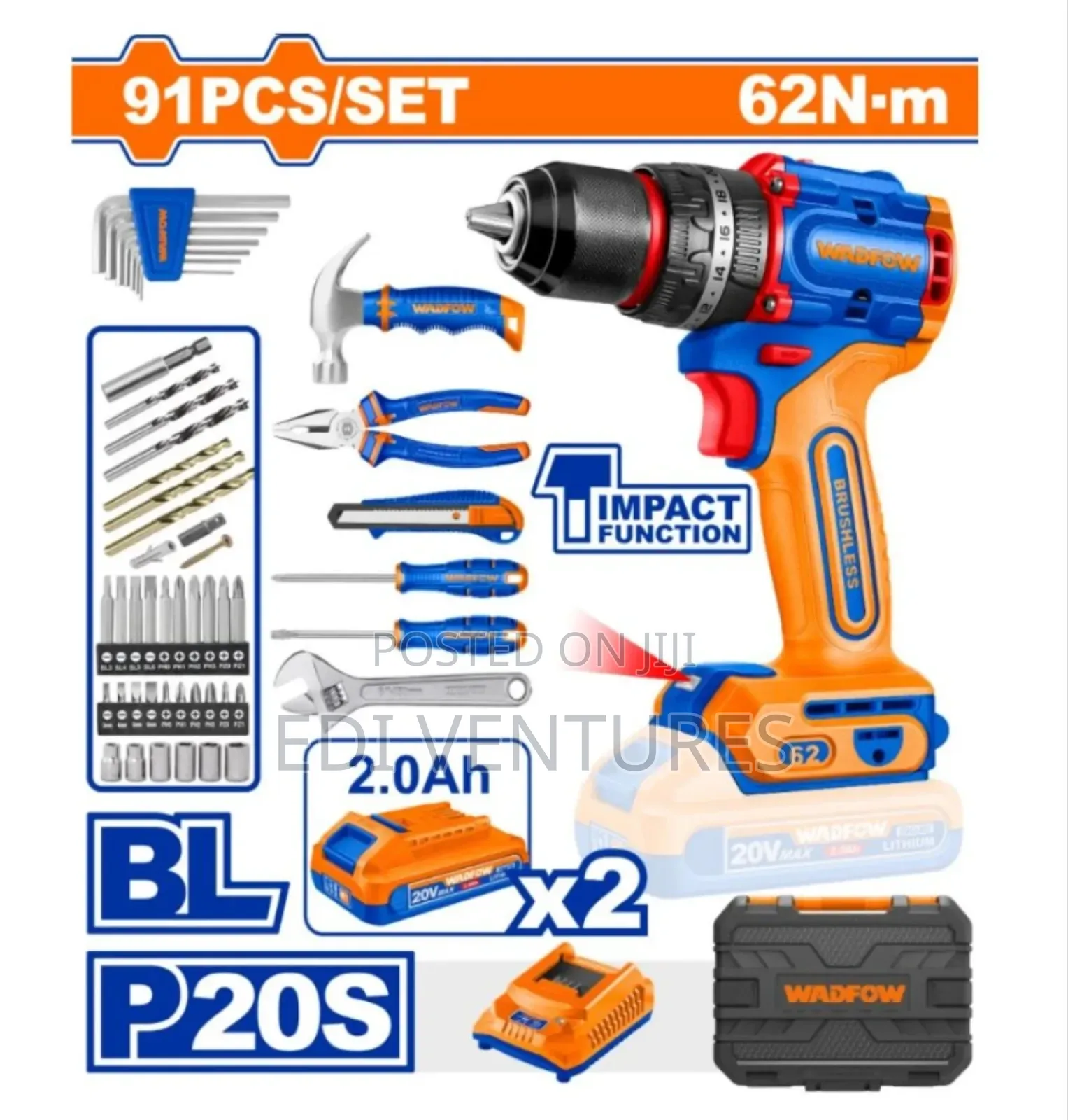 Wadfow 91 Pieces Tools Set - Including Cordless Drill and Drill Bits