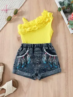 Girls Casual Shoulder Lace Halter Top Printed Denim Shorts Age 4yrs