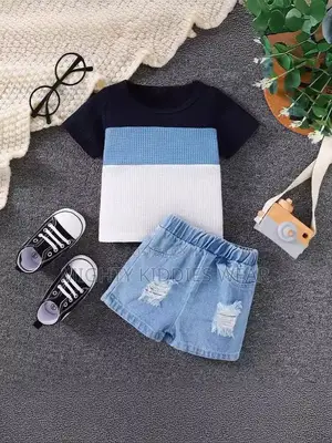 Baby Boys Blue and White Striped Waffles Top Denim Shorts Ages 18-24m